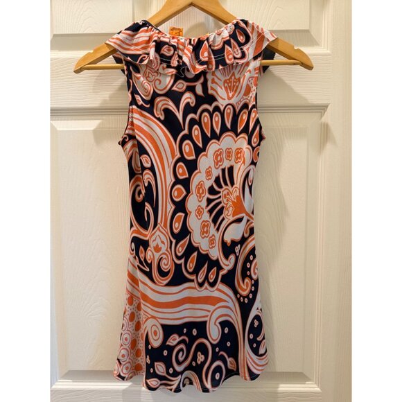 Tory Burch Womens Ruffle V Neck Sleeveless Top Size S Orange & Navy Paisley Prin - Picture 3 of 10